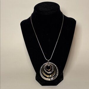 Silver Tone Chain Necklace Mixed Metal Circular Pendant 16” with Ext